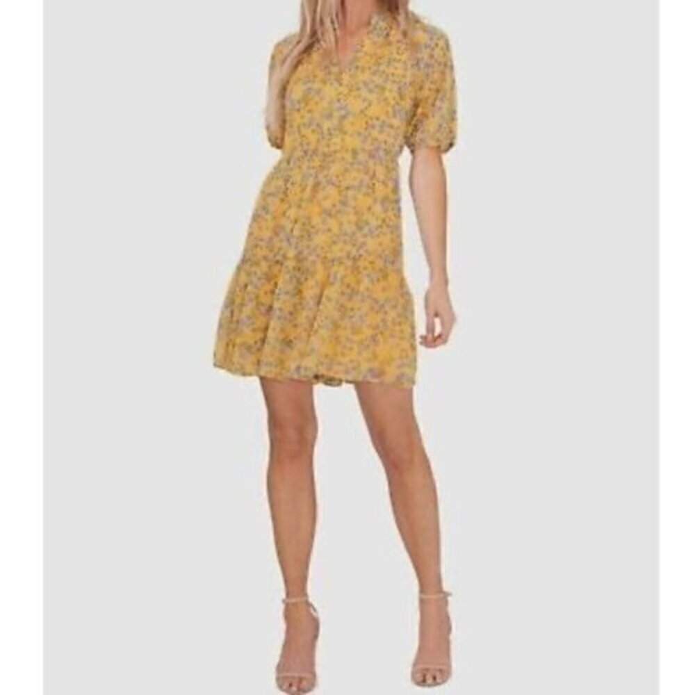 CeCe Yellow Flowy Floral Print Babydoll Dress - Picture 3 of 14